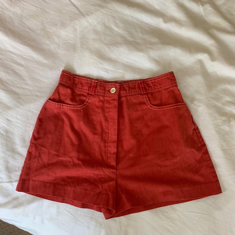 True Vintage 1970s era Faded Red high waisted shorts with white contrast stitch